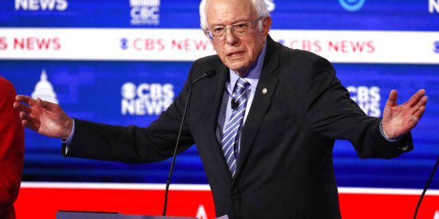 Democratic presidential candidates Sen. Bernie Sanders, I-Vt., speaks during a Democratic presidential primary debate at the Gaillard Center, Tuesday, Feb. 25, 2020, in Charleston, S.C., co-hosted by CBS News and the Congressional Black Caucus Institute. 