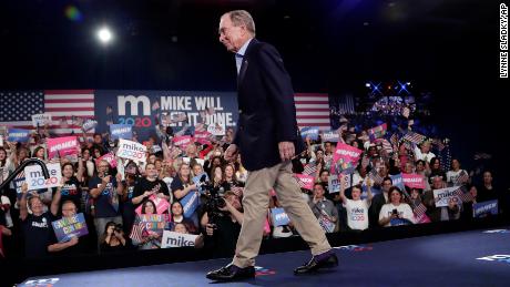 Bloomberg walks off stage after speaking during a rally, Tuesday, March 3, 2020, in West Palm Beach, Fla.