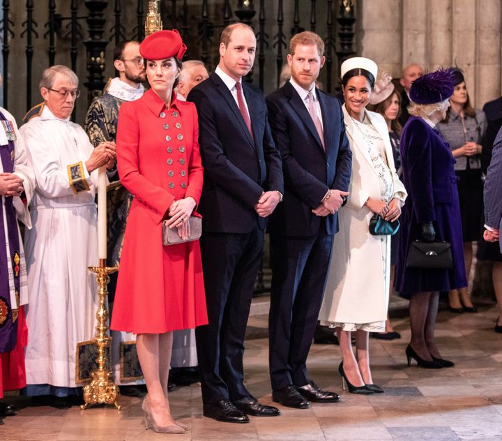 Prince Harry and Meghan, Duchess of Sussex, stand with Catherine, Duchess of Cambridge, and Prince William at Westminster Abb