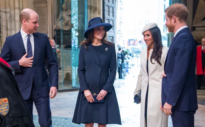 The Duke and Duchess of Cambridge, then-actress Meghan Markle and her fiance, Prince Harry, attend a Commonwealth Day service