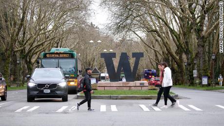 Students at the University of Washington are on campus for the last day of in-person classes on March 6, 2020 in Seattle, Washington.