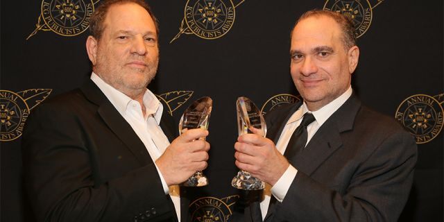 Harvey Weinstein (L) and Bob Weinstein pose with the Motion Picture Showmanship Award backstage at the 52nd Annual ICG Publicists Awards at The Beverly Hilton Hotel on Feb. 20, 2015, in Beverly Hills, California.