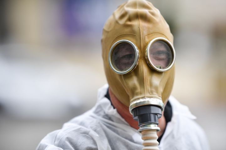 Howie Mandel wears a gas mask costume on March 10 in Los Angeles.