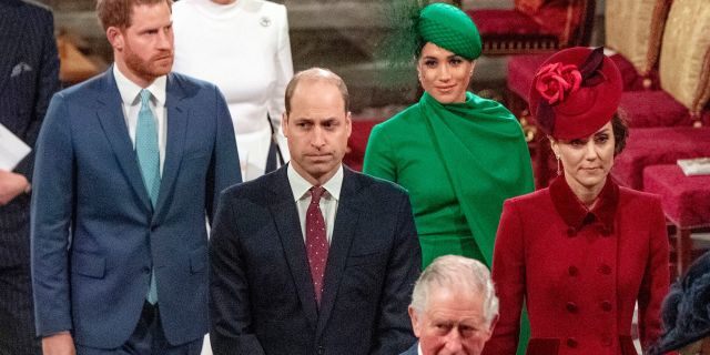 From left, Britain's Prince Harry, Prince William, Meghan Duchess of Sussex and Kate, Duchess of Cambridge leave the annual Commonwealth Service at Westminster Abbey in London Monday March 9.