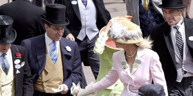 Royal Ascot Race Meeting Thursday - Ladies Day. Prince Andrew, The Duke Of York and Jeffrey Epstein (far right) At Ascot. With them are Edward (far left) and Caroline Stanley (in pink), the Earl and Countess of Derby.