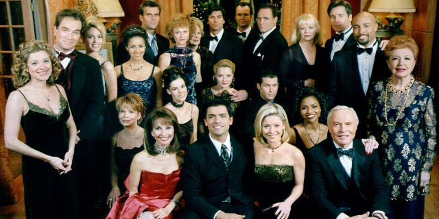 ALL MY CHILDREN cast, back row: Cameron Mathison, Meg Mundy, Vincent Irizarry, Michael Nader, James Kiberd, Marcy Walker, Michael E. Knight; middle row: John Callahan, Paige Rowland, Carolyn Neff, Jill Larson, Esta Terblanche, Robin Mattson, Zen Gesner, Amelia Marshall, Eileen Herlie; bottom row: Cady McClain, Julia Barr, Susan Lucci, Mark Consuelos, Kelly Ripa, James Mitchell