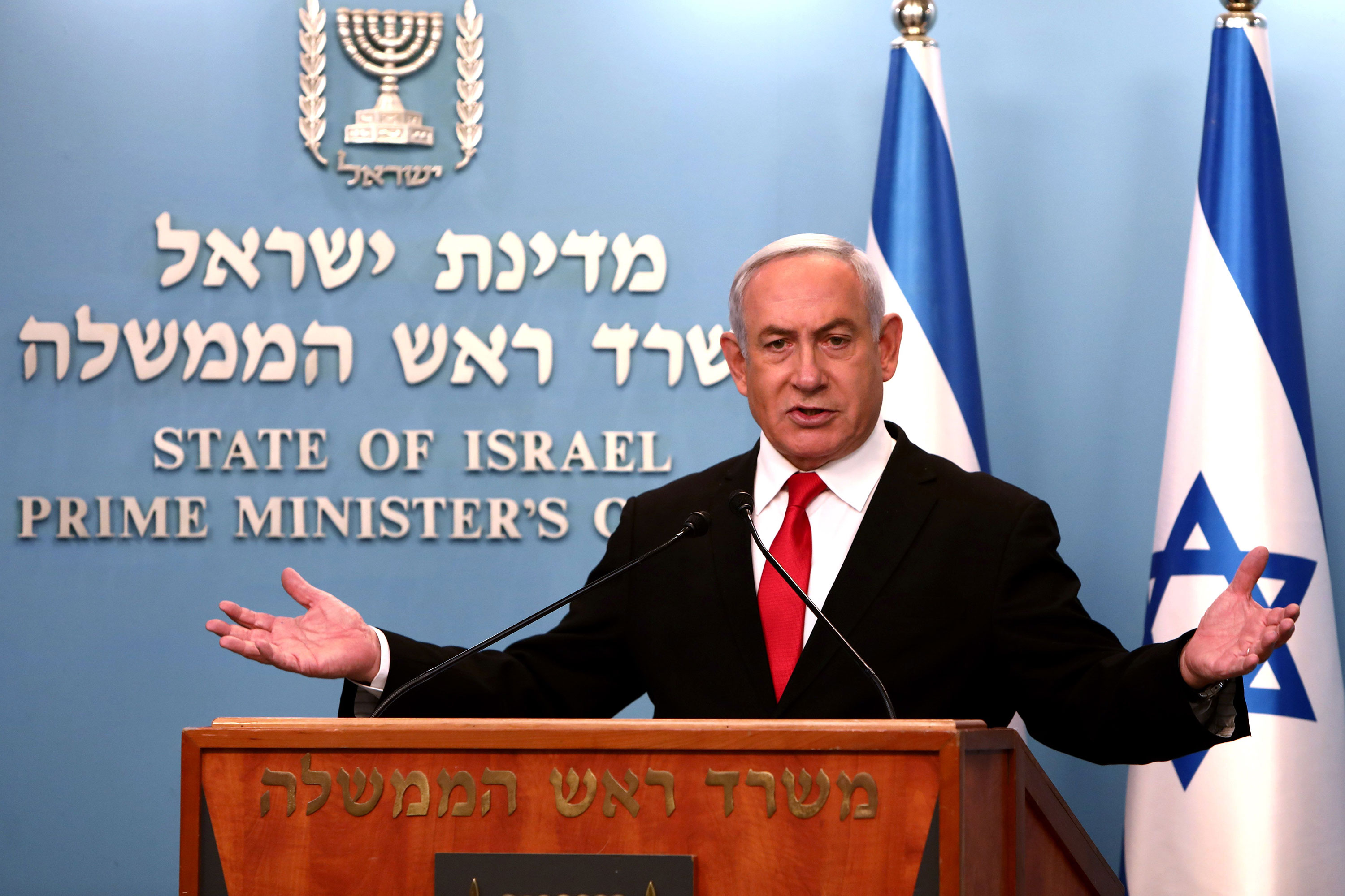 Israeli Prime Minister Benjamin Netanyahu delivers a speech at his Jerusalem office on March 14, regarding the new measures that will be taken to fight coronavirus in Israel.