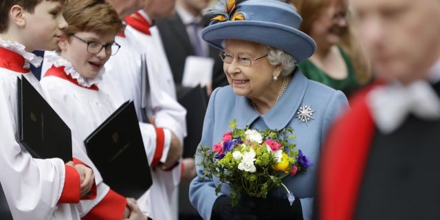 Britain's Queen Elizabeth II leaves after attending the annual Commonwealth Day service at Westminster Abbey in London, Monday, March 9.