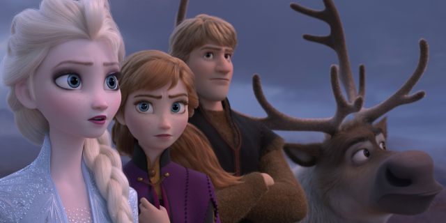 This image released by Disney shows Elsa, voiced by Idina Menzel, from left, Anna, voiced by Kristen Bell, Kristoff, voiced by Jonathan Groff and Sven in a scene from the animated film, 'Frozen 2.'