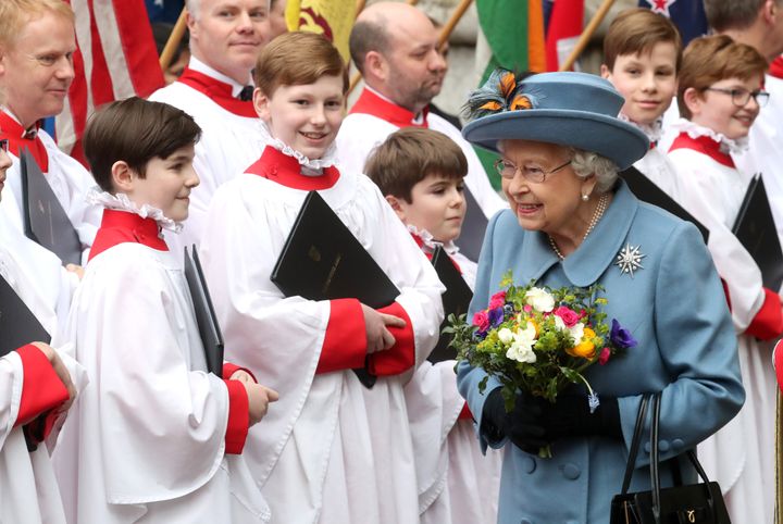 Queen Elizabeth II departs the Commonwealth Day Service 2020 at Westminster Abbey on March 9 in London.
