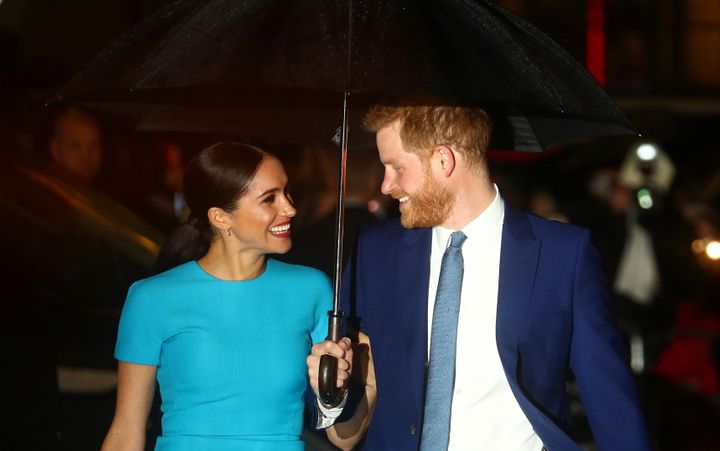 Prince Harry and Meghan Markle arrive at the Endeavour Fund Awards in London on March 5, 2020.