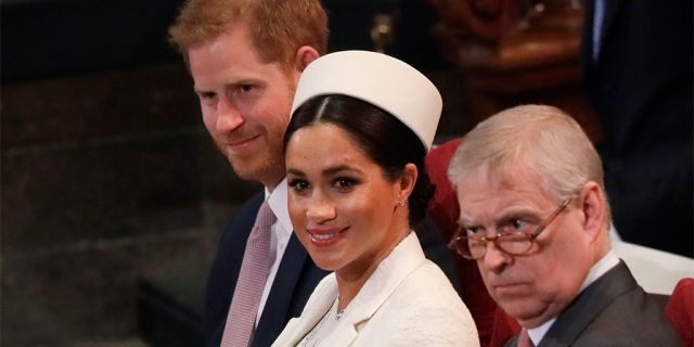 Britain's Prince Harry, Duke of Sussex, Britain's Meghan, Duchess of Sussex and Britain's Prince Andrew, Duke of York.