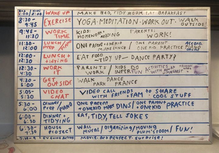 A daily schedule for two kids (ages 6 and 9) and their parents.