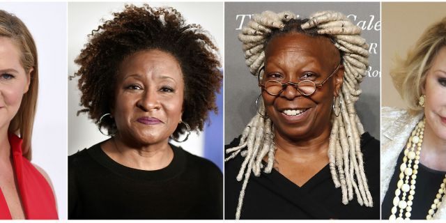 This combination photo shows comedians, from left, Amy Schumer, Wanda Sykes, Whoopi Goldberg and the late Joan Rivers, whose comedy will be featured on a new SiriusXM comedy channel called 'She's So Funny' debuting on April Fool's Day.