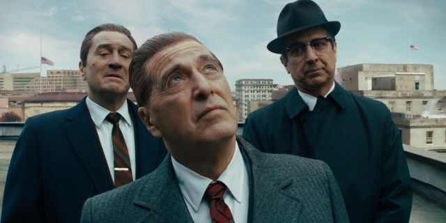 This image released by Netflix shows, from left, Robert De Niro, Al Pacino and Ray Romano in a scene from 'The Irishman.'