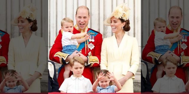 Prince William, Duke of Cambridge, Catherine, Duchess of Cambridge, Prince Louis of Cambridge, Prince George of Cambridge and Princess Charlotte of Cambridge watch a flypast from the balcony of Buckingham Palace during Trooping The Colour, the Queen's annual birthday parade, in 2019 in London.