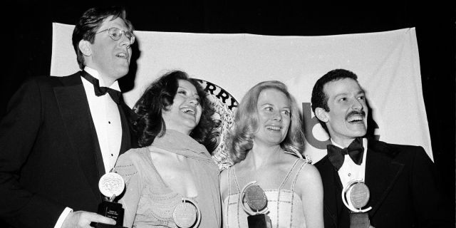 This April 18, 1976 file photo shows Tony winners, from left, Edward Herrmann, Carole Bishop, Shirley Knight and Sammy Williams, pose with their awards at the 30th Annual Tony Awards in New York.