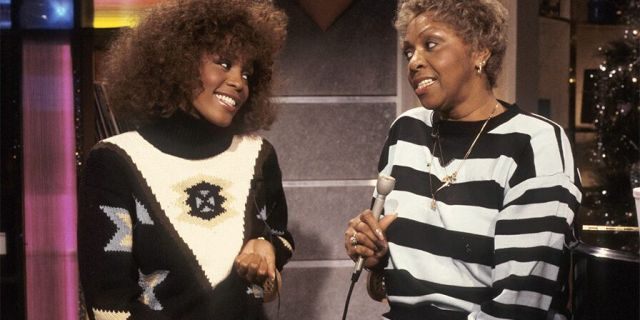 From left, American vocalist Whitney Houston and her mother, fellow singer Cissy Houston, appear during a taping of an MTV show, New York, New York, 1989.