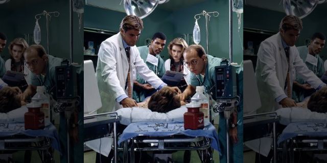 George Clooney as Doctor Doug Ross, Eriq La Salle as Doctor Peter Benton, Sherry Stringfield as Doctor Susan Lewis, and Anthony Edwards as Doctor Mark Greene in 'ER.'