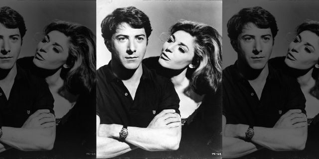 American actress Anne Bancroft (1931 - 2005), in character as the seductive older woman Mrs. Robinson, looks at American actor Dustin Hoffman, as Benjamin Braddock, in a publicity still from the film 'The Graduate' directed by Mike Nichols, California, 1967.