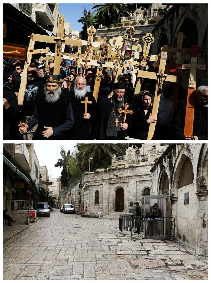 A combination picture shows worshippers carrying wooden crosses during a Good Friday procession along the Via Dolorosa in Jer