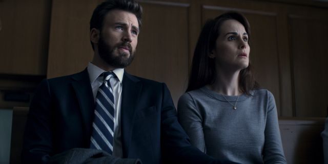 Chris Evans (L) and Michelle Dockery (R) in a scene from 'Defending Jacob.'