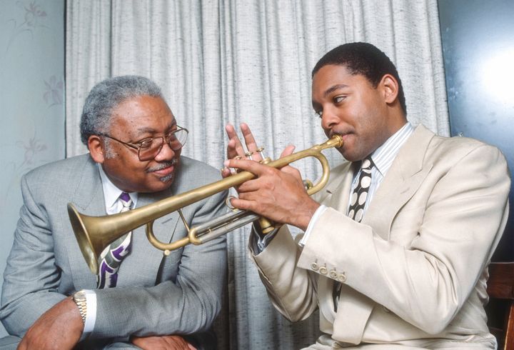 Ellis Marsalis Jr. (left) and his son, fellow musician Wynton Marsalis, backstage after a rare performance as a duo at The Bl
