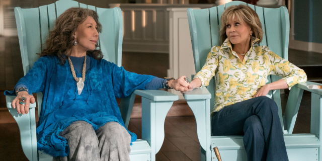 This image released by Netflix shows Lily Tomlin, left, and Jane Fonda in a scene from the comedy series "Grace And Frankie." (Ali Goldstein/Netflix via AP)