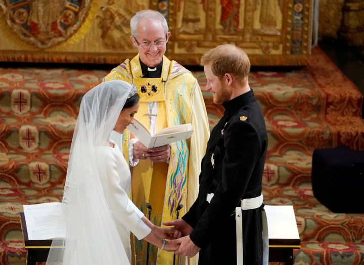 Prince Harry and Meghan Markle exchange vows in St George's Chapel at Windsor Castle during their wedding service, conducted 
