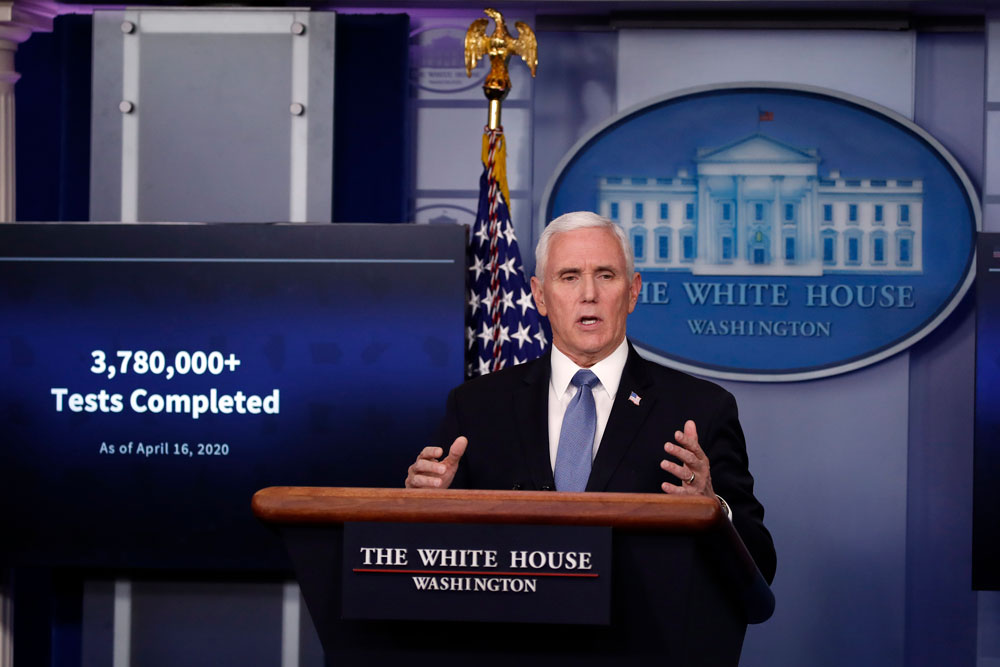 US Vice President Mike Pence speaks about the coronavirus in the James Brady Press Briefing Room of the White House, Friday, April 17, in Washington.