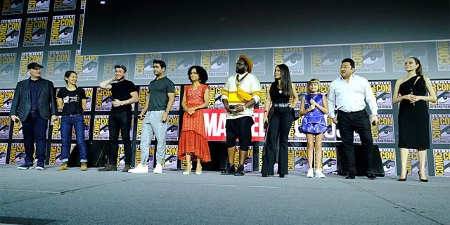 (L-R) President of Marvel Studios Kevin Feige, director Chloe Zhao, Richard Madden, Kumail Nanjiani, Lauren Ridloff, Brian Tyree Henry, Salma Hayek, Lia McHugh, Don Lee and Angelina Jolie of Marvel Studios' 'The Eternals' at the San Diego Comic-Con International 2019.