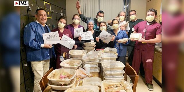 Film director Steven Spielberg reportedly sent lunch and dinner to the hospital staff of Providence Saint John's Medical Center in Burbank, Calif.