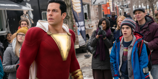 This image released by Warner Bros. shows Zachary Levi, left, and Jack Dylan Grazer in a scene from 'Shazam!'