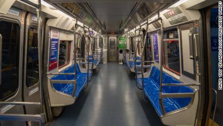 A empty train sits at a PATH station in Hoboken, New Jersey, on March 16, 2020. 