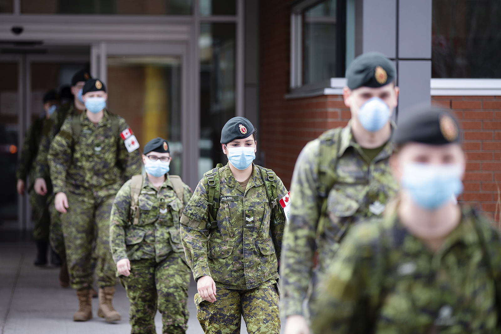 Canadian Armed Forces (CAF) medical personnel leave following their shift at the Centre Valeo St. Lambert seniors' long-term care home in St. Lambert, Quebec, Canada, on Friday, April 24.