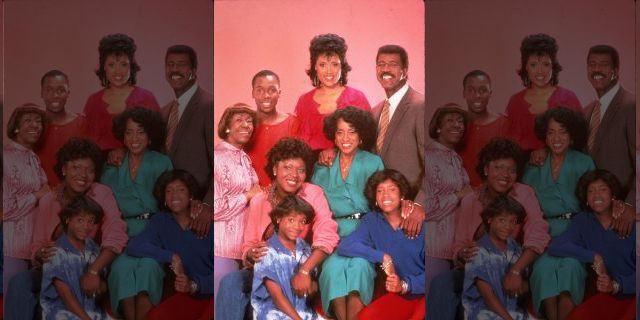 Promotional studio portrait of the cast of the television series '227,' circa 1985. L-R: Actors Helen Martin, Curtis Baldwin, Jackee Harry, Hal Williams. (Seated) Alaina Reed Hall, Marla Gibbs. (Front) Kia Goodwin and Regina King.