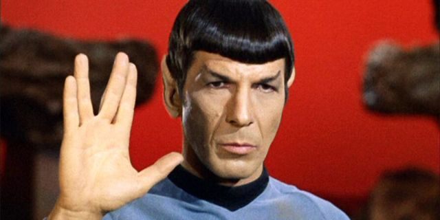 Leonard Nimoy as Mr. Spock in "Star Trek: The Original Series" episode 'Amok Time'. Spock shows the Vulcan salute, usually accompanied with the words, "Live long and prosper." Original airdate, September 15, 1967. Image is a screen grab.