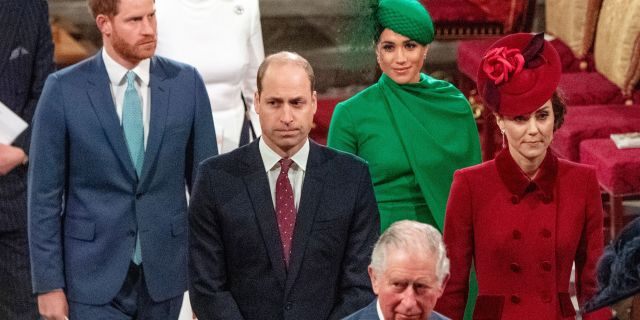 Britain's Prince Harry, Duke of Sussex (L) and Britain's Meghan, Duchess of Sussex (2nd R) follow Britain's Prince William, Duke of Cambridge (C) and Britain's Catherine, Duchess of Cambridge (R) as they depart Westminster Abbey after attending the annual Commonwealth Service in London on March 9, 2020. 