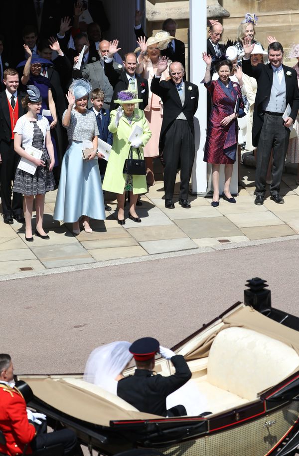 The Duke of Sussex salutes members of the Royal family, including, from left, Lady Louise Windsor, Sophie, Countess of Wessex