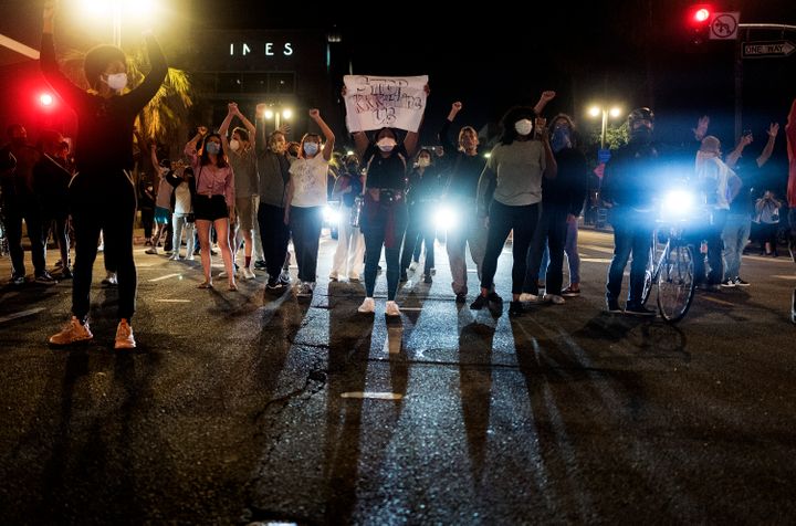 Demonstrators block traffic during a protest Wednesday in Los Angeles over the death of George Floyd in Minneapolis.
