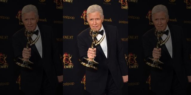 Alex Trebek poses with the Daytime Emmy Award for Outstanding Game Show Host in the press room during the 46th annual Daytime Emmy Awards at Pasadena Civic Center on May 05, 2019, in Pasadena, Calif.