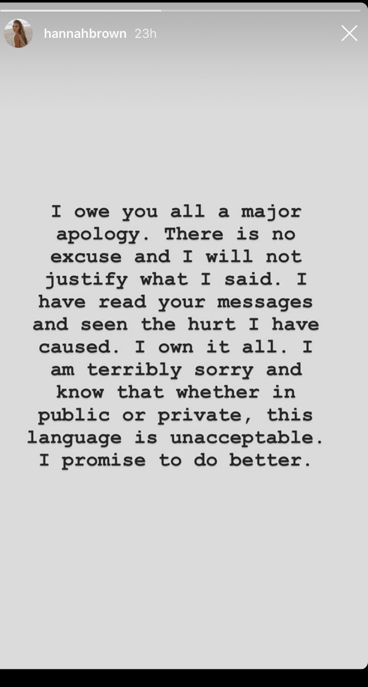 Hannah Brown's apology in an Instagram Story.
