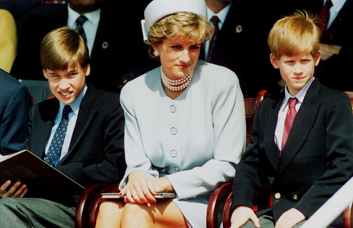 The Princess of Wales with her sons Prince William and Prince Harry attend the Heads of State VE Remembrance Service in Hyde 