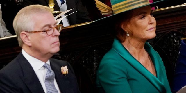 Prince Andrew, Duke of York and Sarah Ferguson attend the wedding of Princess Eugenie of York and Mr. Jack Brooksbank at St. George's Chapel on October 12, 2018, in Windsor, England.