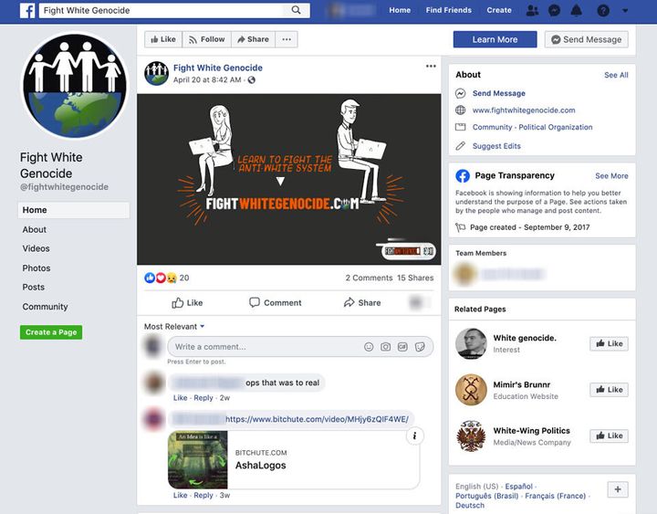 A screenshot of a white supremacist group's Facebook page from the study by the Tech Transparency Project.