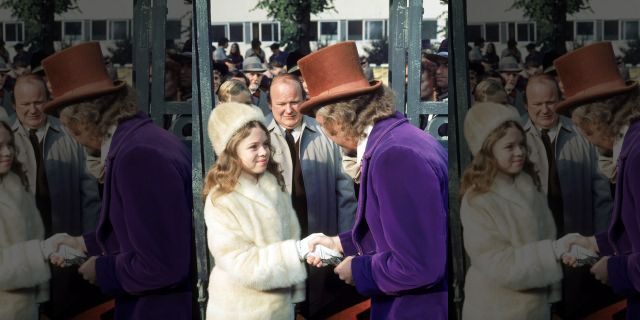 From right to left, actors Gene Wilder as Willy Wonka, Roy Kinnear as Mr. Salt and Julie Dawn Cole as Veruca Salt in the film 'Willy Wonka &amp; the Chocolate Factory.'