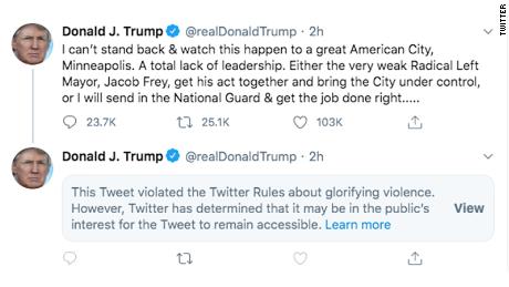 President Donald Trump&#39;s tweet violated rules against &quot;glorifying violence,&quot; according to Twitter.