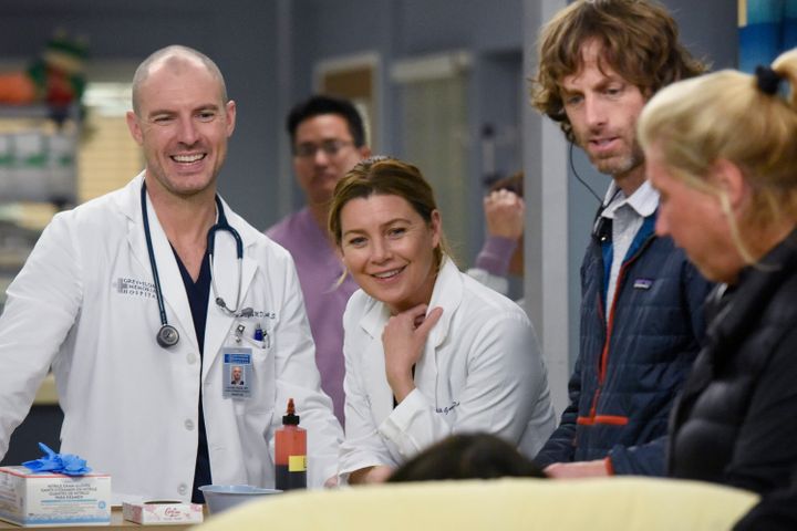 Richard Flood (left) and Ellen Pompeo on the set of season 16 of ABC's "Grey's Anatomy."