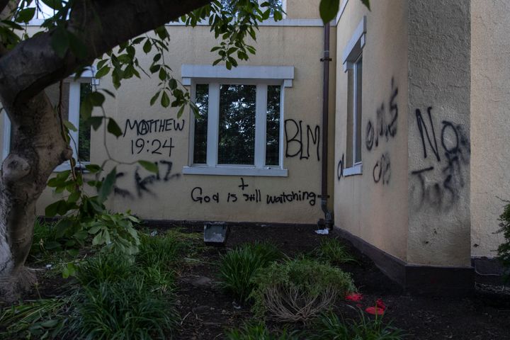 St. John's Episcopal Church covered in spray paint after protests.&nbsp;