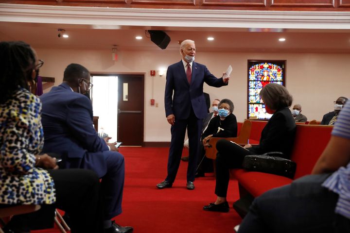 Former Vice President Joe Biden speaks to members of the clergy and community leaders at Bethel AME Church in Wilmington, Del